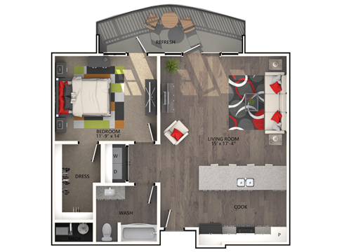 Floor plan for 1 bed, 1 bath, 868 sqft